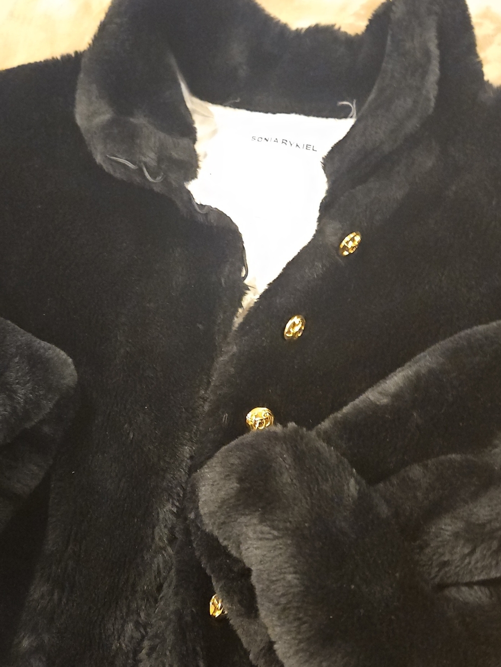 Vintage Sonia Rykiel Black Faux Fur Teddy Jacket with Gold Buttons